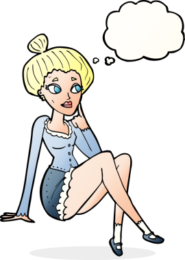 Bir insan tarafından çizilmiş düşünce balonuyla oturan çekici bir kadın.