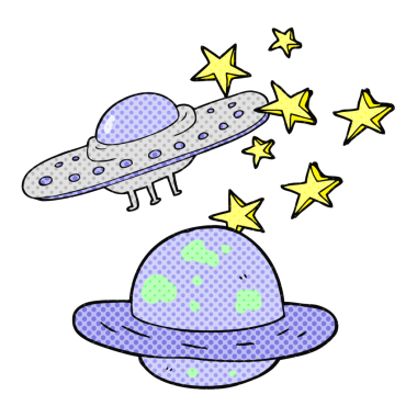 Serbest çizim uçan daire ve bir insan tarafından çizilmiş gezegen.