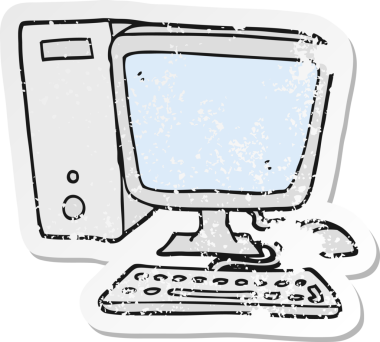 Bir insan tarafından çizilmiş çizgi film masaüstü bilgisayarının gerilimli retro etiketi