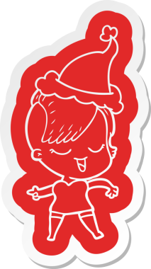 Bir insan tarafından çizilmiş Noel Baba şapkası giyen bir kızın komik çizgi film çıkartması.