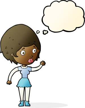 Bir insan tarafından çizilmiş düşünce baloncuğuyla el sallayan çizgi film kadını.