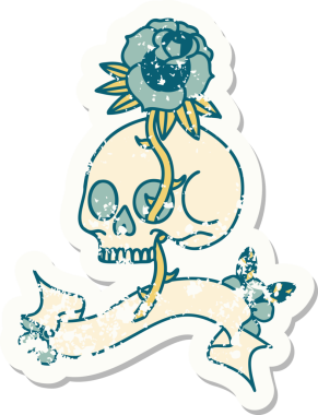 Bir insan tarafından çizilmiş kafatası ve gülü olan eski bir etiket.