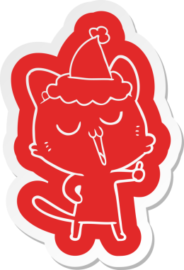 Bir insan tarafından çizilmiş Noel Baba şapkasıyla şarkı söyleyen bir kedinin garip çizgi film çıkartması.