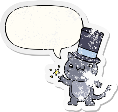 Konuşma baloncuklu silindir şapka takan çizgi film kedisi bir insan tarafından çizilmiş sıkıntılı eski bir çıkartma