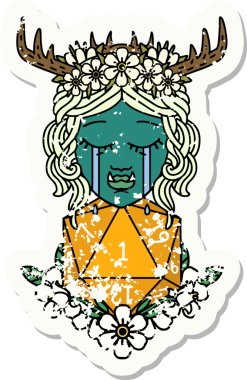 Retro Dövme Tarzı Hüzünlü Yarı Ork Druid Karakteri Bir zar bir insan tarafından çizilmiş