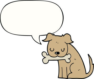 Bir insan tarafından çizilmiş konuşma balonu olan çizgi film köpeği.