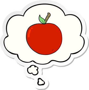 insan tarafından çizilmiş bir çıkartma olarak düşünce baloncuklu çizgi film elması.