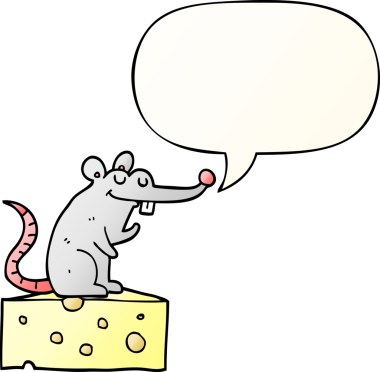 bir insan tarafından çizilmiş, konuşma baloncuğu ile peynirin üzerinde oturan çizgi film faresi.