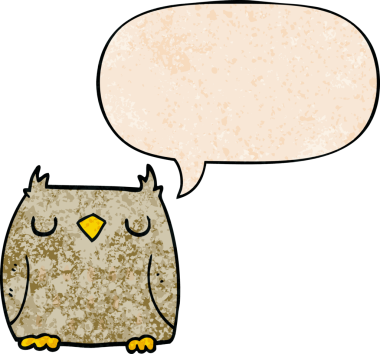 Bir insan tarafından çizilmiş geçmişe dönük konuşma baloncuğu olan sevimli çizgi film baykuşu.