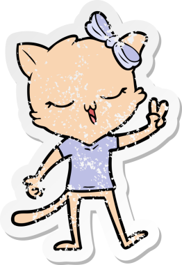 Bir insan tarafından çizilmiş barış işareti veren kafasında yay olan bir çizgi film kedisinin sıkıntılı çıkartması.