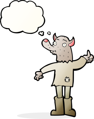 Bir insan tarafından çizilmiş düşünce balonu olan komik bir kurt adam.