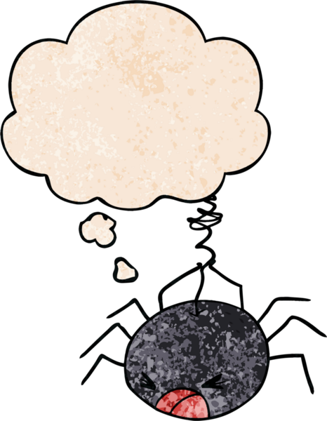 Düşünce baloncuklu çizgi film örümceği bir insan tarafından çizilmiş grunge desenli.
