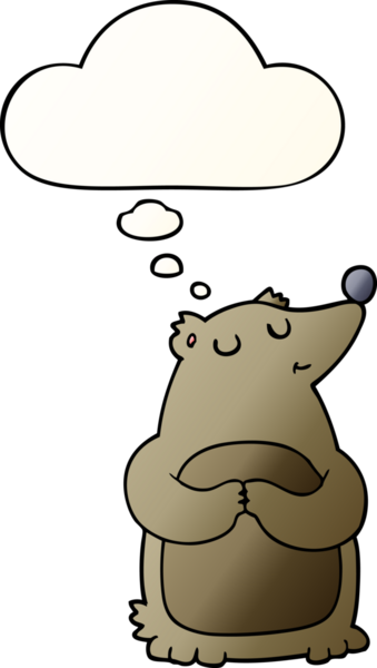 Bir insan tarafından çizilmiş yumuşak eğimli düşünce baloncuklu çizgi film ayısı.