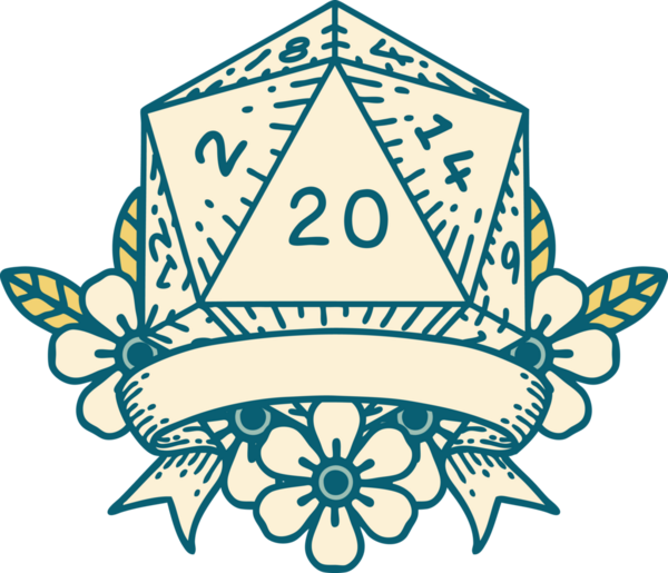 Retro Dövme Biçimi Doğal 20 kritik vuruş D20 zar bir insan tarafından çizildi