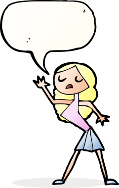 Bir insan tarafından çizilmiş konuşma balonuyla dans eden karikatür kadın.