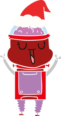 Bir insan tarafından çizilmiş Noel Baba şapkası takan bir robotun düz renk çizimi.