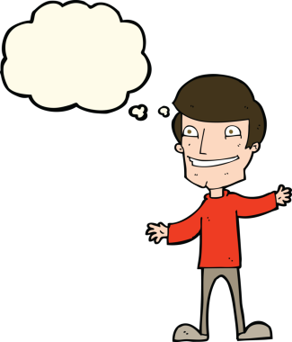 Bir insan tarafından çizilmiş düşünce baloncuğu ile sırıtan çizgi film adamı.