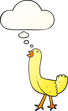 Düşünce baloncuğu olan çizgi film kuşu bir insan tarafından çizilmiş.