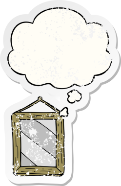 Düşünce baloncuğu olan çizgi film aynası bir insan tarafından çizilmiş yıpranmış bir çıkartma gibi.