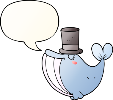 Çizgi film balinası, silindir şapkalı, konuşma baloncuğu olan, bir insan tarafından çizilmiş, düzgün eğimli balina.