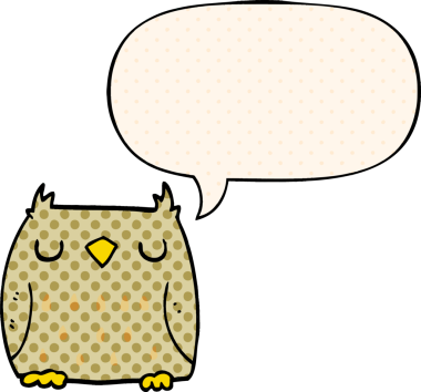 Bir insan tarafından çizilmiş çizgi roman tarzında konuşma balonu olan sevimli bir baykuş.