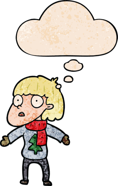 Bir insan tarafından çizilmiş grunge desenli düşünce baloncuğuyla Noel insanını şaşırtan bir çizgi film.