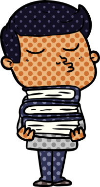 Çizgi film mankeni somurtuyor. Elinde bir insan tarafından çizilmiş kitaplar var.