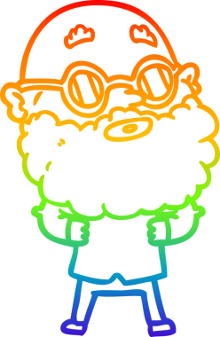 Gökkuşağı gradyan çizgi çizimi. Bir insan tarafından çizilmiş sakallı ve gözlüklü meraklı bir adamın çizimi.