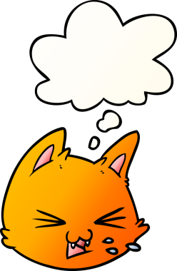 Bir insan tarafından çizilmiş yumuşak eğimli düşünce baloncuklu çizgi film kedi yüzü tükürüyor.