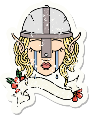 Bir insan tarafından çizilmiş ağlayan elf savaşçı karakterinin grunge çıkartması.