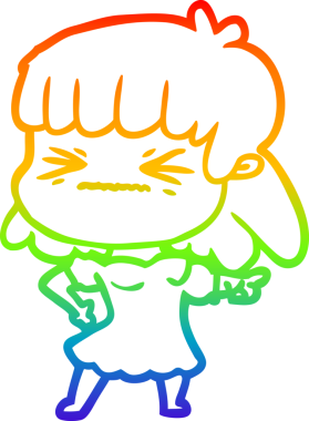 Gökkuşağı gradyan çizimi bir insan tarafından çizilmiş kızgın bir kız çizgi filmi