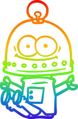 Gökkuşağı gradyan çizgisi mutlu bir karton robot çizimi ve bir insan tarafından çizilmiş ampul.