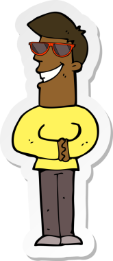 Bir insan tarafından çizilmiş güneş gözlüğü takan sırıtan bir çizgi film karakterinin çıkartması.