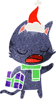 Konuşan kedi eli bir insanın çizdiği Noel Baba şapkasının eski çizgi filmini çizdi.