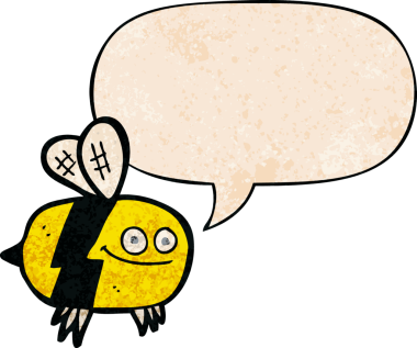 Konuşma baloncuğu olan çizgi film arısı insan tarafından çizilmiş eski moda dokular.