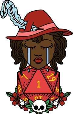 Retro Dövme Tarzı Ağlayan İnsan Ozanı Bir insan tarafından çizilmiş doğal bir D20 zar ile