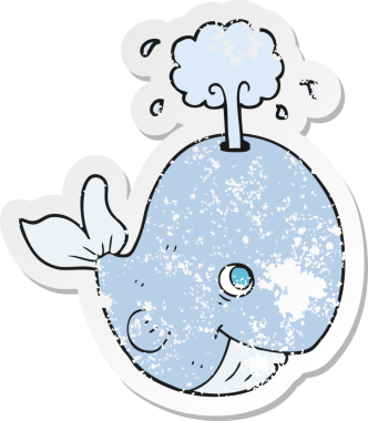 Bir insan tarafından çizilmiş suyu püskürten karikatür balinasının geriletilmiş yapıştırması.