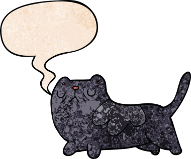 Konuşma baloncuğu olan çizgi film kedisi insan tarafından çizilmiş eski moda dokular.