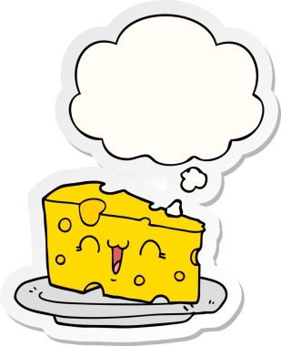 Düşünce baloncuklu şirin çizgi film peyniri bir insan tarafından çizilmiş çıkartma gibi.