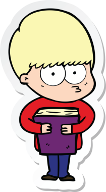 Bir insan tarafından çizilmiş kitabı tutan sinirli bir çizgi film çocuğunun çıkartması.