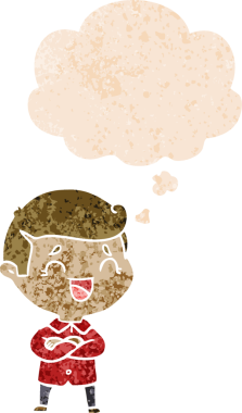 Düşünce baloncuğuyla gülen komik adam grunge dertli eski moda bir insan tarafından çizilmiş.