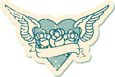 İkonik sıkıntılı dövme stili kanatlı kalp resmi çiçekler ve bir insan tarafından çizilmiş pankart