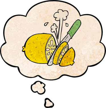 çizgi film dilimlenmiş limon ve bir insan tarafından çizilmiş grunge desenli düşünce balonu.
