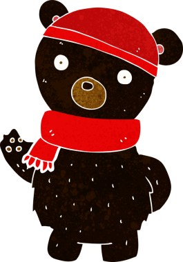 Bir insan tarafından çizilmiş, kış şapkalı ve atkılı siyah ayı.