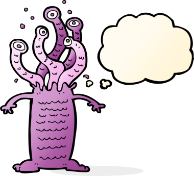 Bir insan tarafından çizilmiş düşünce baloncuklu çizgi film canavarı.