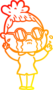 Bir insan tarafından çizilmiş gözlüklü, ağlayan bir kadının çizgi film çizimi.