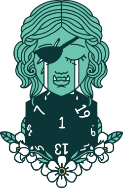 Retro Dövme Tarzı Ağlama Yarı Ork haylaz karakter Doğal bir D20 rulo ile bir insan tarafından çizilmiş