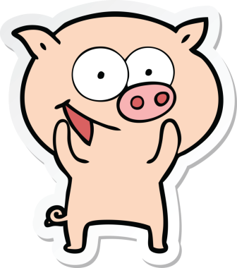 Bir insan tarafından çizilmiş neşeli bir domuz çizgi filminin çıkartması.