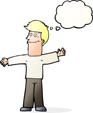 Bir insan tarafından çizilmiş düşünce balonlu mutlu adam çizgi filmi.