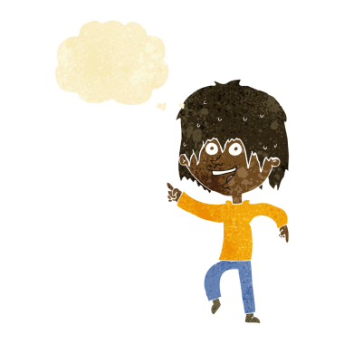 Bir insan tarafından çizilmiş düşünce balonu olan mutlu çocuk çizgi filmi.